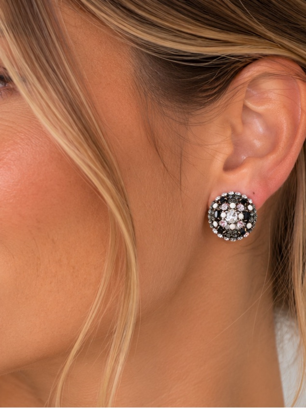 Gold Tone Black Clear Rhinestone Dome Earrings Retro Vibe Super Sparkly